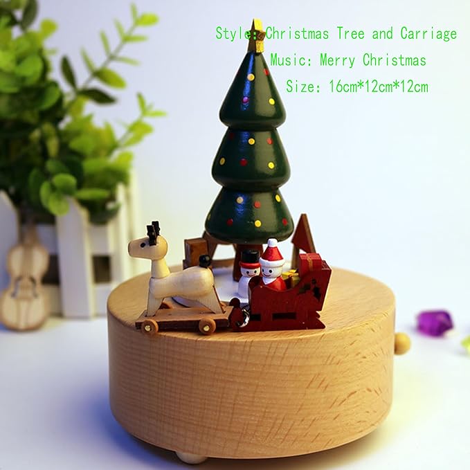 Natural Solid Wood Handcrafted Beech Wooden, Musical FigureTotoro/Carousel/Fairy/Ballerina Figurine,Rotating Hand Crank Mechanism Music Box,Musical Decorations (Christmas Tree and Carriage)