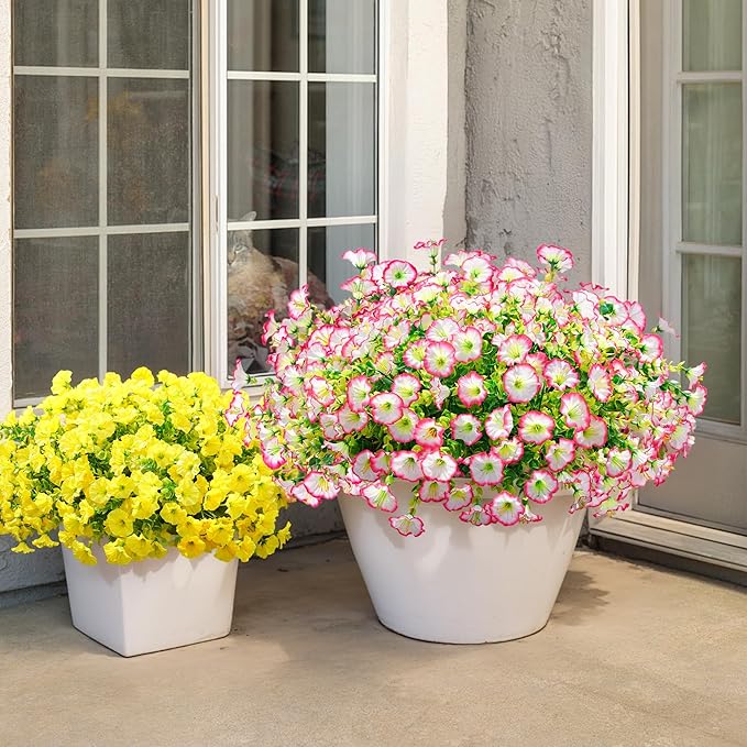 Artificial Fake Spring Outdoor Plants Flowers, 12 Bundles Outside Faux Silk Pink Morning Glory with Eucalyptus Realistic UV Resistant for Planter Pot Porch Garden Yard Patio Balcony Home Decoration