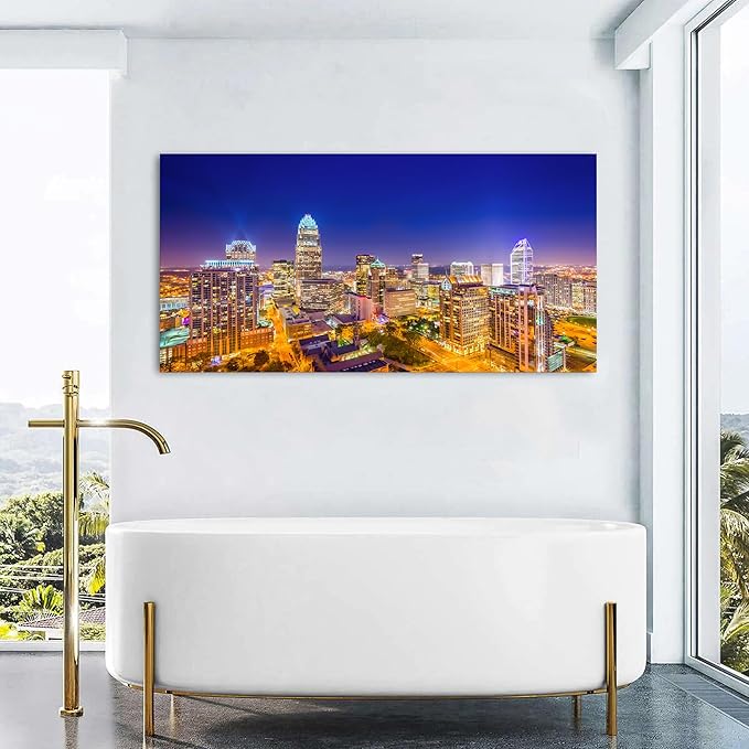 Charlotte City Skyline Wall Art Blue Night Cityscape Wall Decor North Carolina City Panoramic Landscape Canvas Prints Pictures Modern Skyscraper Artwork for Living Room Office Home Decoration 24x48"