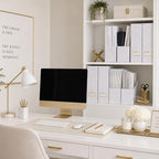 BLU MONACO Set of 4 Magazine Holders | White Marble Design with Gold Label Holders | Foldable File Organizer Boxes for Desk, Office & Classroom | Stylish Paper & Magazine Storage