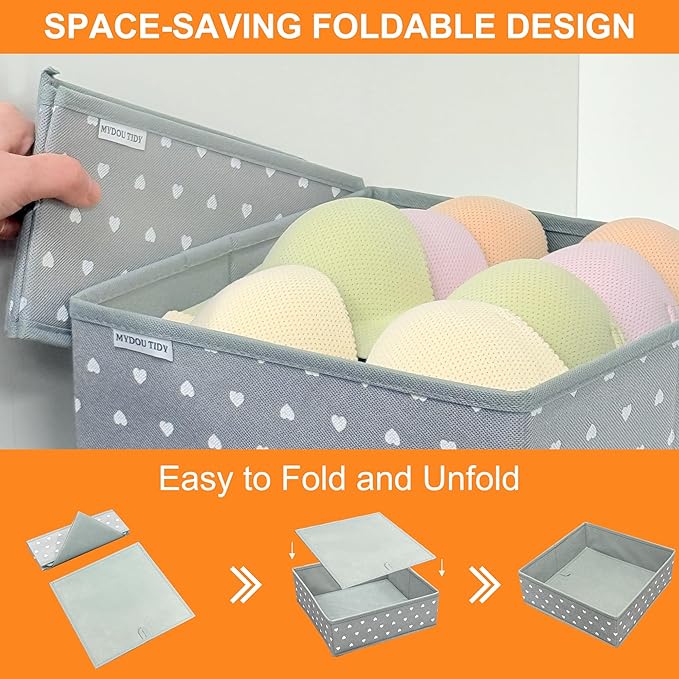 Fabric Drawer Organizer Bins for Nursery – 12 Pack Clothe Drawer Dividers for Baby Dresser, Grey Heart Pattern Storage Boxes for Clothes, Diapers & Accessories