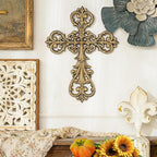Sungmor Vintage Cast Iron Cross Wall Decor, 13.8" Tall Heavy Duty Rustic Gold Finish Wall Sculpture,Ornate Metal Art Farmhouse Home Decor