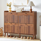BERRYMERRY 47.2” Shoe Storage Cabinet for Entryway with 4 Flip Drawers, Narrow Shoe Organizer with Wave&Fluted Panel, Freestanding Wood Hidden Shoe Cabinet for Hallway