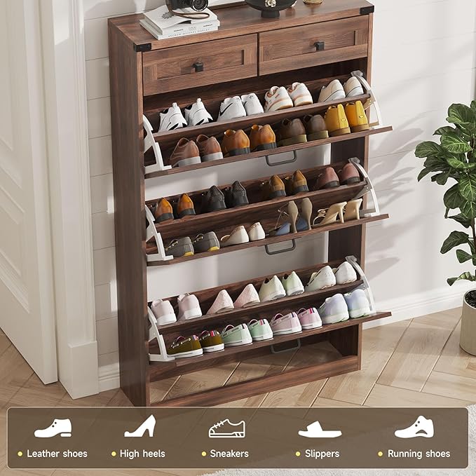 Shoe Cabinet with 3 Flip Drawers & 2 Drawers,Freestanding Shoe Storage Cabinet for Entryway,Farmhouse Narrow Slim Organizer Rack for Foyer,Hallway,Dark Walnut