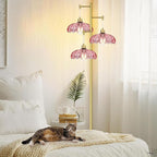 QIYIZM Pink Floor Lamp for Living Room,Bedroom,Gold Mid Century Modern Standing Lamp Brass Tree 3 Light Tall Floor Lamps Vintage Retro Floor Lights Glass Flower Lamp Shade Farmhouse Boho Bohemian
