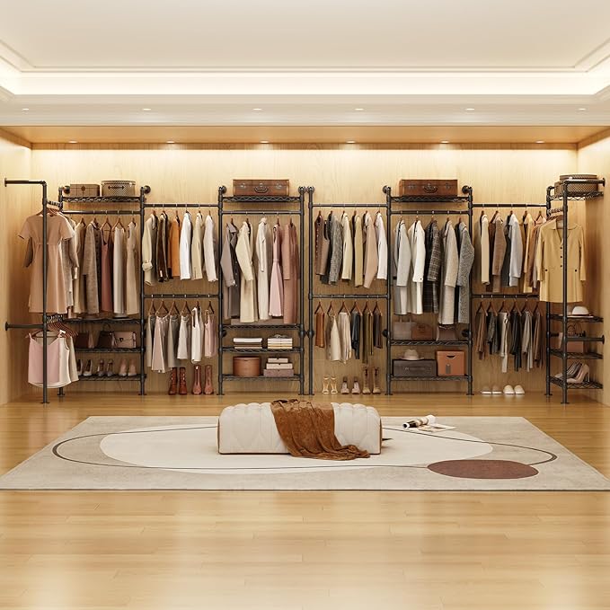 Wall Mounted Garment Rack, Industrial Pipe Metal Clothing Rack with 6 Hanging Rods (4 Expandable) & 8 Shelves, Closet Organizers and Storage System for Bedroom, Walk in Closet