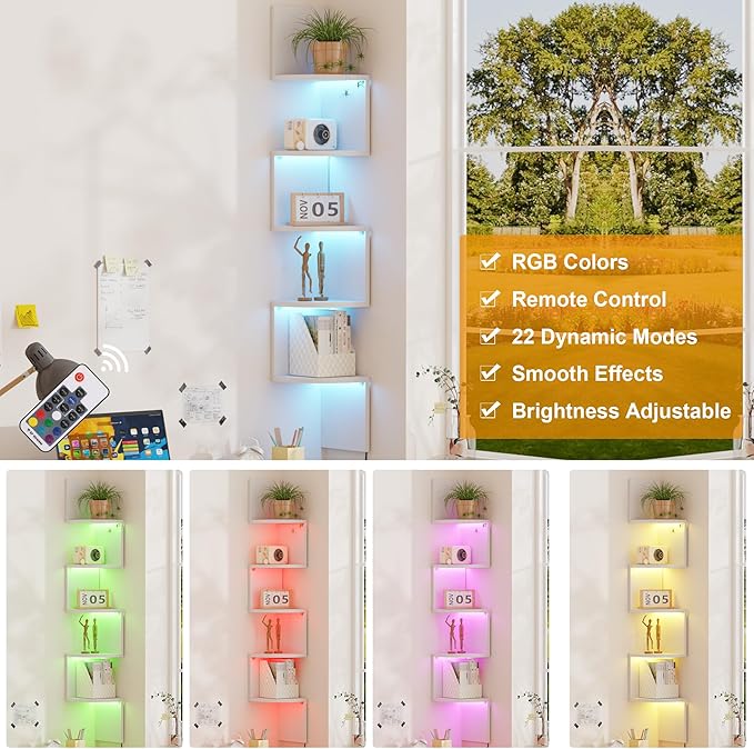 Qupui 5-Tier Corner Shelf with LED Lights, 49 Inch Floating Wall Mounted Corner Shelf for Bedroom Living Room Bathroom, White Corner Bookshelf Display Stand with RGB Lighting
