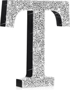 Qunclay 5.7" Silver Crystal Diamond Bling Letters Crushed Diamond Decoration Wooden Glitter Letter with Screw and Hooks Rhinestone Gift for Wedding Y2k Mcbling Bedroom Wall Decor (Letter T)