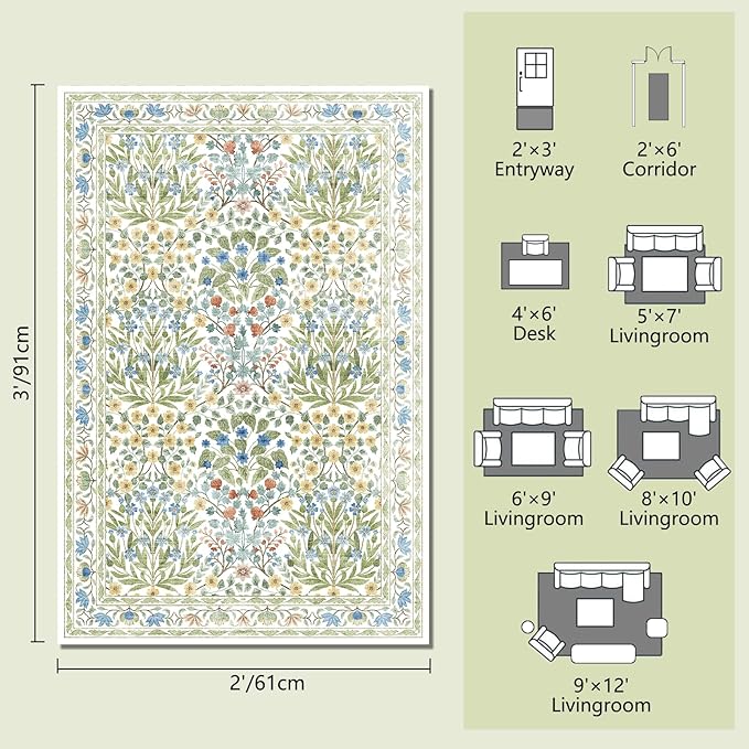 Washable Entry Rug 2x3 Feet, Non-Slip Indoor Entryway Bathroom Kitchen Mat, Vintage Floral Design Rug Perfect for Entryway Décor