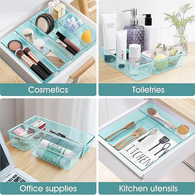 WOWBOX 13 PCS Plastic Drawer Organizer Set, 5 Sizes Desk Drawer Divider Organizers and Storage Bins for Makeup, Jewelry, Gadgets for Kitchen, Bedroom, Bathroom, Office
