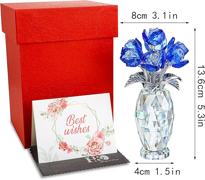 H&D HYALINE & DORA Blue Crystal Rose Flower Paperweight,Glass Flower Gifts for Women Girl Wife,Crystal Flowers Bouquet Collectible for Christmas Day Wedding Anniversary