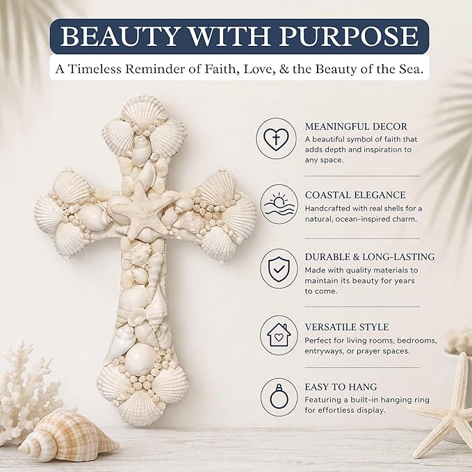 Seashell Cross Wall Decor – 12x8 Inch Handmade Religious Wall Art with Starfish, Abalone & Seashell Accents – Wall Mount Decorative Coastal Christian Cross for Wall & Room Decor by SassyXpressions