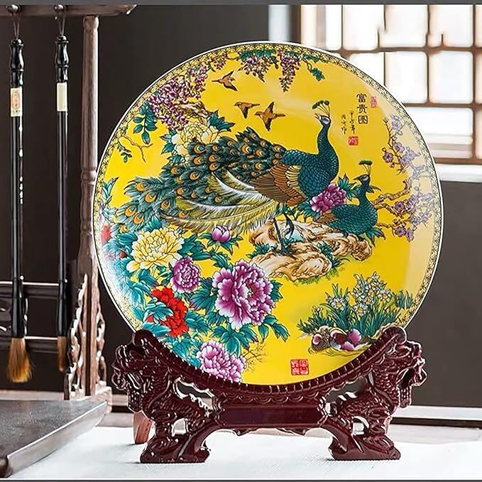 LIYAOLI Decorative Plates for Display,2024 Chinese Classical Colorful Peacock Birds and Peony Flowers Plate Decor Handmade Art Decor for Display Living Room Table