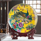 LIYAOLI Decorative Plates for Display,2024 Chinese Classical Colorful Peacock Birds and Peony Flowers Plate Decor Handmade Art Decor for Display Living Room Table