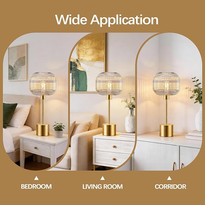QiMH Glass Table Lamp for Living Room, Modern Bedside Lamp with Clear Ribbed Glass Shade, 3-Way Dimmable Touch Control Nightstand Lamp for Bedroom, Brushed Gold (2700K LED Bulb Included)