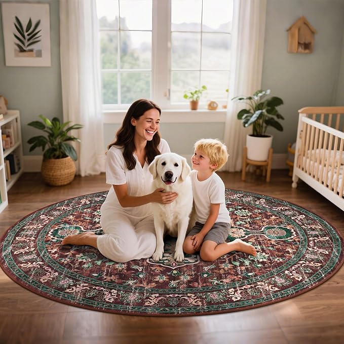 U'Artlines Boho Vintage Round Area Rug 8ft Machine Washable Low Pile Soft Floor Carpet Non Slip Non Shedding Accent Rug for Living Room Bedroom Entryway Dining Room Office Rust＆Teal