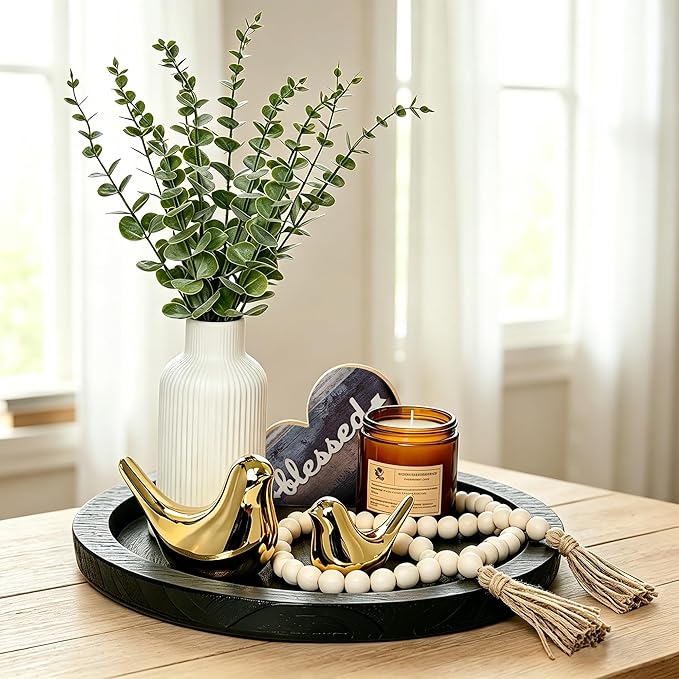 Rustic Modern Farmhouse Decor Set of 7 for Home Decor Living Room, Kitchen Counter, or Coffee Table Centerpieces Decor, Wood Round Decorative Tray Gifts for Women Men