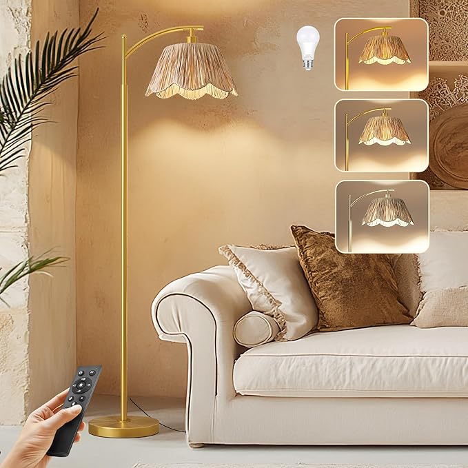Oneach Arc Floor Lamp for Living Room with 3 Color Temperatures, Rattan Boho Floor Lamp with Hand-Woven Wicker Shade,Farmhouse Floor Lamps with Remote & Dimmable Bulb, Suitable for Bedroom（Gold）