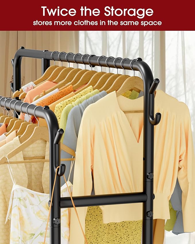 Clothes Rack - Double-Rod Clothing Rack with Built-In Hooks & Shelves, Multi-Functional Wardrobe Closet for Bedroom, Living Room, Entryway, 41.3" x 15.3" x 59.8", Black