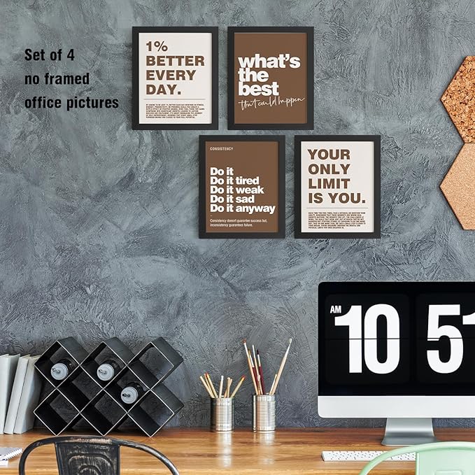 DSHFG Motivational Inspirational Office Wall Art Decor Prints Set of 4, Black Motivational Wall Decor Trendy Retro Posters for Office Home Decor, 8x10 Unframed (Brown)