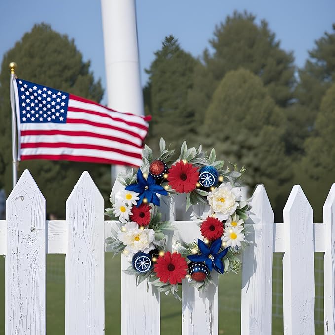 Valery Madelyn 20 Inches 4th of July Wreath for Front Door with Lights, Red White Blue Patriotic Floral Wreath Memorial Day Decorations with Ball Ornaments for USA 250th Anniversary Summer