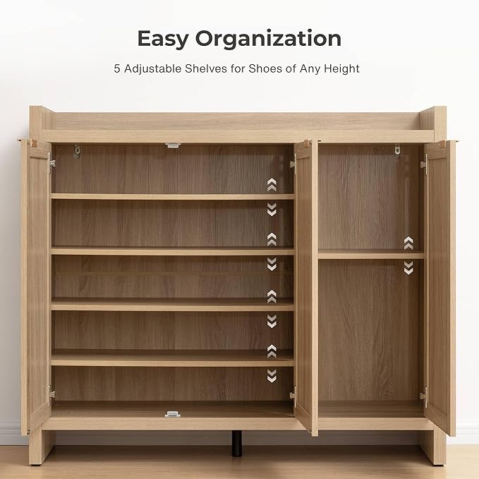 SICOTAS Shoe Storage Cabinet, 30 Pairs Rattan Shoe Cabinet Storage for Entryway, 6-Tier 41" Tall Large Shoe Cabinet, Boho Farmhouse Cabinet with Doors for Entryway Hallway Living Room, Light Oak