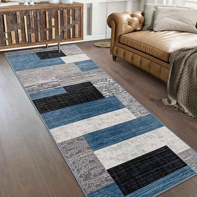 FlyDOIT Modern Geometric Patchwork Area Rug, 2x6 Blue Runner Rugs for Living Room, Rockwood Collection Indoor Rugs for Bedroom, Throw Carpet Floor Decor for Entryway Dining Room Office Nursery