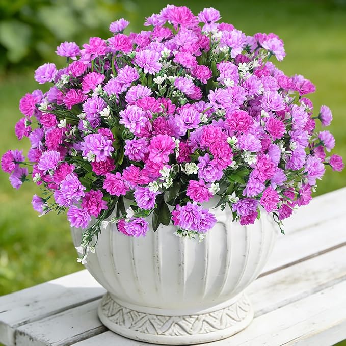 Artificial Flowers for Outdoors Decoration, 6 Bundles Silk Marigold Flower UV Resistant Look Real Faux Plants for Garden Porch Planter Patio Balcony Yard Home Decor (Double Purple)