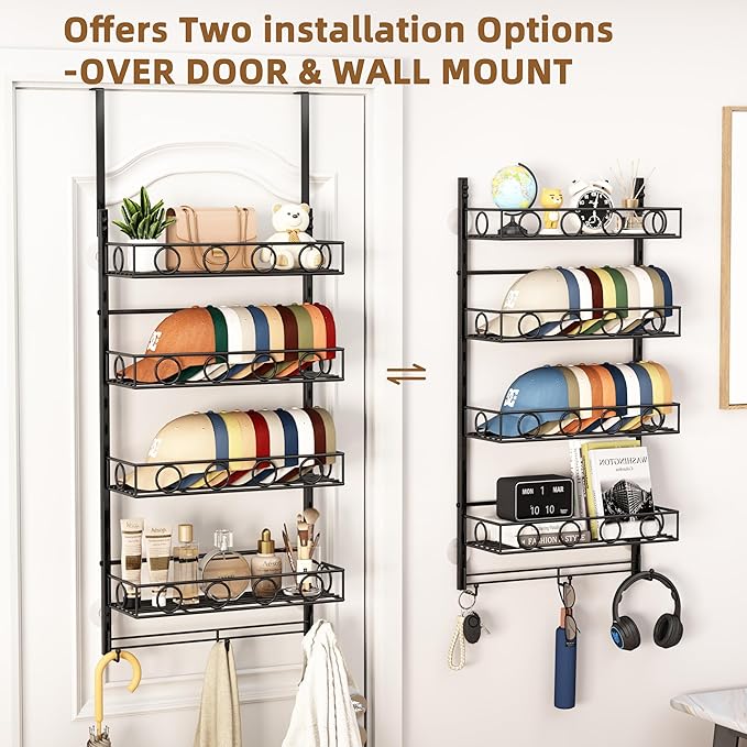 Over Door Hat Organizer 5 Tier Wall Mounted Hat Rack with 4 Adjustable Metal Basket and 3 Hooks Hat Organizer for Baseball caps Hat Hanger Holder Display for Door Closet Cap Organizer Storage