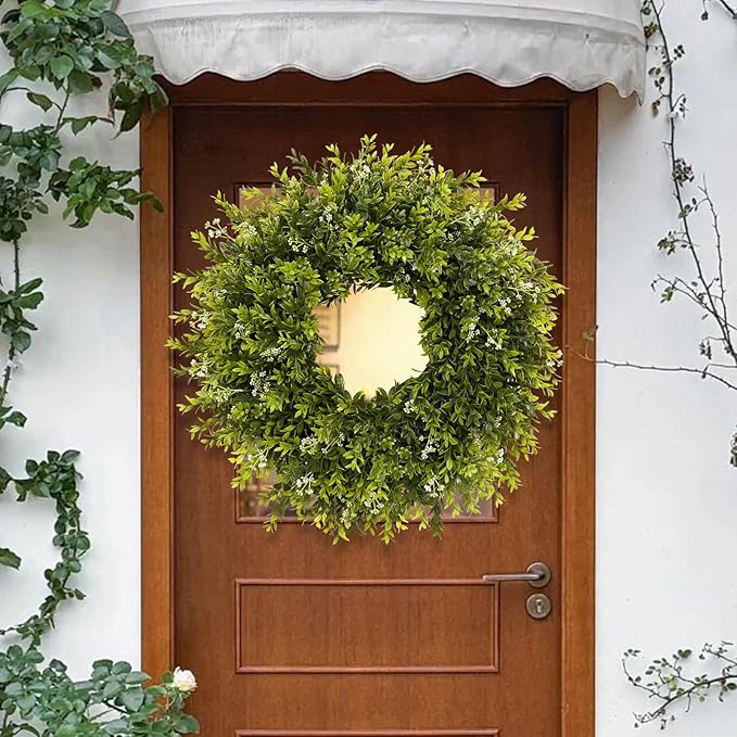 28'' Large Boxwood Wreath for Front Door Porch Window Artificial Boxwood Leaves with White Seed Greenery Outdoor Indoor Wreath for Home Farmhouse Wall Decor Spring Summer Fall All Seasons (Green)