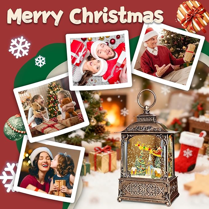 Christmas Snow Globes Lantern, Santa Claus & Church Christmas Decorations Indoor, 6H Timer Battery & USB Powered Light Up Musical Snow Globes for Kids Women Adults Gift Thanksgiving Home Decor