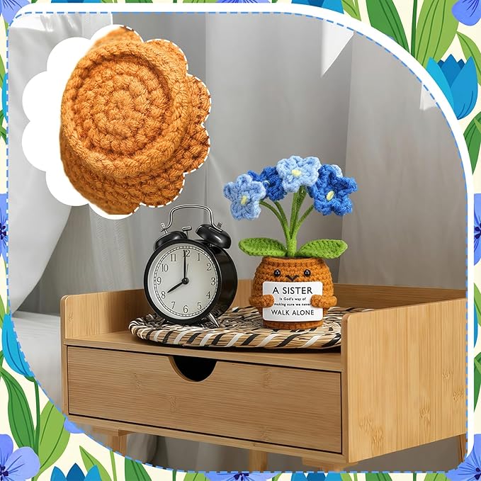 Wavwavw Sister Gifts Handmade Crochet Doll with Card Crochet Present for Sisters Sis Big Little Sister Birthday Wedding Home Decor (Blue Myosotis)