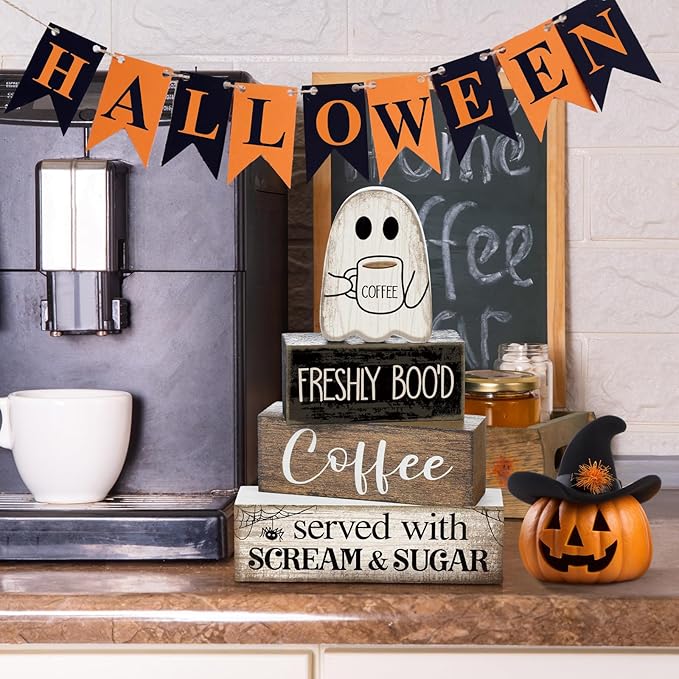Lineshading 4 Pcs Halloween Table Decor Coffee Ghost Wooden Sign Halloween Tiered Tray Decor Farmhouse Ghost Tabletop Centerpiece Decorative Coffee Bar Block Signs for Home Office Kitchen Shelf