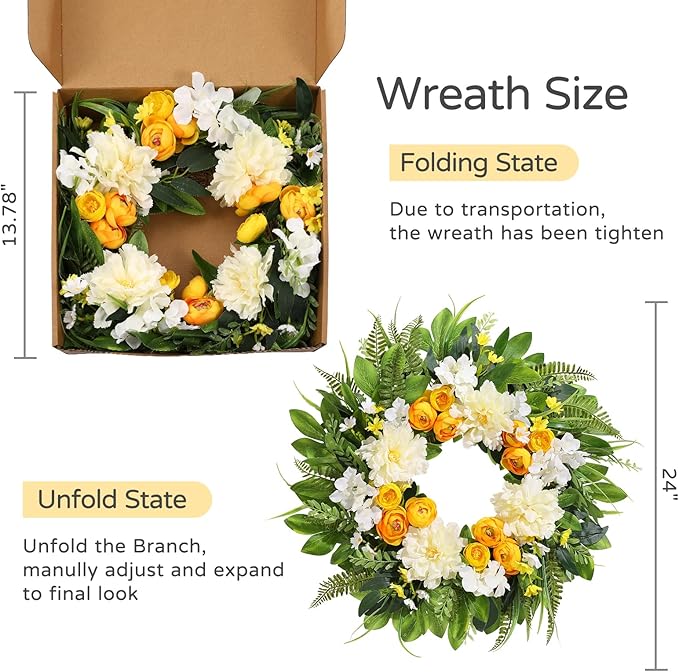Summer Wreath for Front Door, 24 Inch Summer Wreath Floral with Peony Ranunculus Hydrangea Flower Summer Door Wreaths for Porch Entryways Wall Window Farmhouse Party Home Seasonal Decor