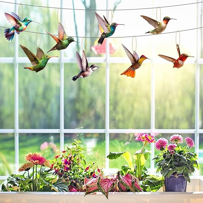 Bird Acrylic Hanging Ornament - 8Pcs Flying Birds Christmas Tree Ornaments, Xmas Tree Ceiling Pendants with Lanyard Tote Rearview Mirror Window Charms Gift for Men Women (Hummingbird 2)