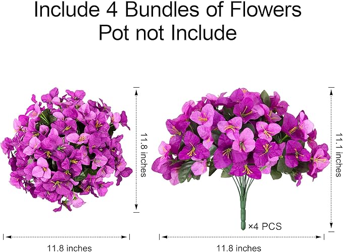 Faux Bougainvillea Artificial Flowers for Outdoors Fake Plants Spring Outdoor Decor, 4 Bundles UV Resistant Realistic Bougainvillea Silk Flowers for Outside Porch Patio Window Planter Garden Home