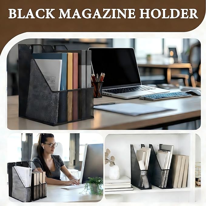 Sliner 4 Pack Metal Magazine Holder Black Mesh Steel Document Rack 1 Section File Organizer Extra Wide Magazine Folder Storage Desk Tidy for Office Home, 12.6”x 9.8”x 3”