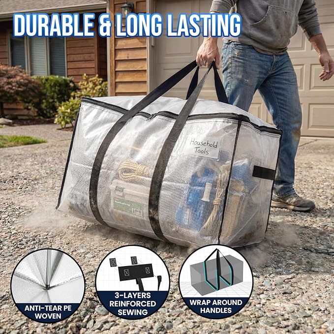 TAILI Extra Large Moving Bags, 8 Pack Clear Heavy Duty Totes For Storage with Visible Window, Wrap Around Handles, Storage Bags for Space Saving, Alternative to Moving Boxes