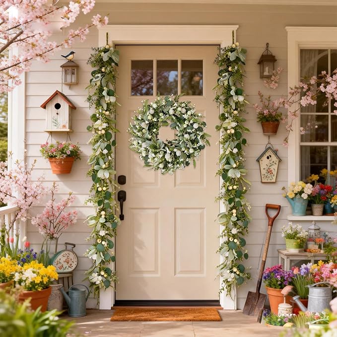 70-inch Summer Garland Green Eucalyptus Leaves with White Fruits Thorns Garland Spring Summer Vine for Front Door Fireplace Dining Table Home Decor, Wedding Arch Party Festival Decor