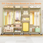 Ulif F4R Heavy Duty Clothes Rack(With Lockable Wheels )Rolling Clothing Racks for Hanging Clothes，Adjustable Closet Organizer System，Portable Garment Rack 45"W x 15.8"D x 73.5"H，Max Load 650LBS,Gold