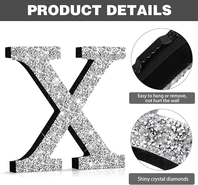 Qunclay 12'' Silver Crystal Diamond Bling Letters Crushed Diamond Decoration Wooden Glitter Letter with Screw and Hooks Rhinestone Gift for Wedding Y2k Mcbling Bedroom Wall Decor (Letter X)