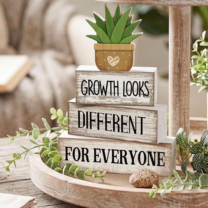Lineshading 4 Pcs Inspirational Farmhouse Table Decor Growth Looks Different for Everyone Rustic Stacked Wooden Block Signs with Inspirational Quote Artificial Succulent for Home, Office, Shelf Gift