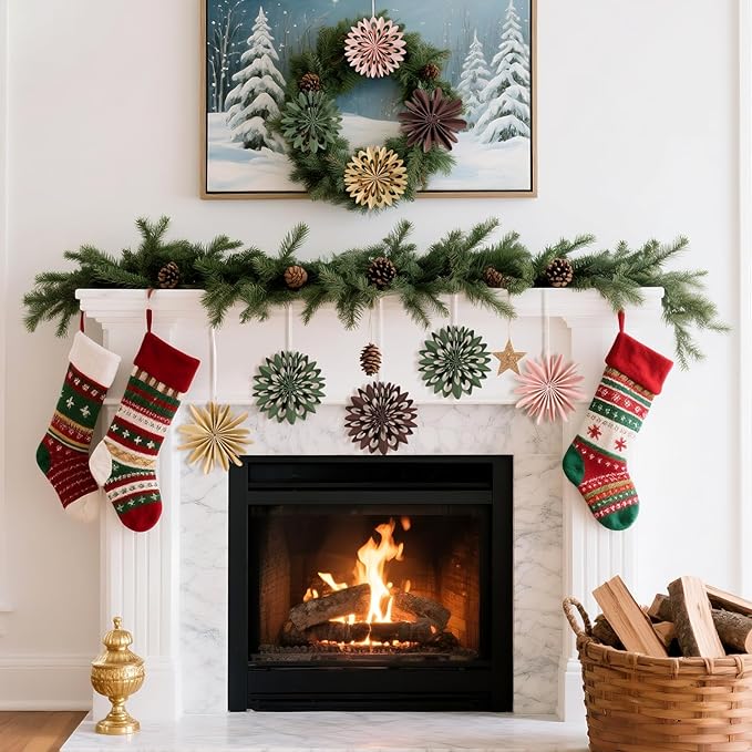 EASY JOY 9Pcs Christmas Hanging Decorations - 3D Paper Christmas Tree Hanging Decor Pink Green Brown Snowflake Ornaments Christmas Decorations Outdoor Indoor for Xmas Party,Boho Home,Window Door Decor