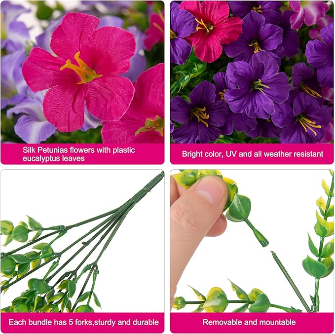 INSPRING Artificial Outdoor Flowers Hanging Baskets Faux Plants Spring Decoration, UV Resistant Fake Silk Morning Glory in Planter Look Real Petunias for Outside Patio Porch Balcony Garden Home, 4Mix