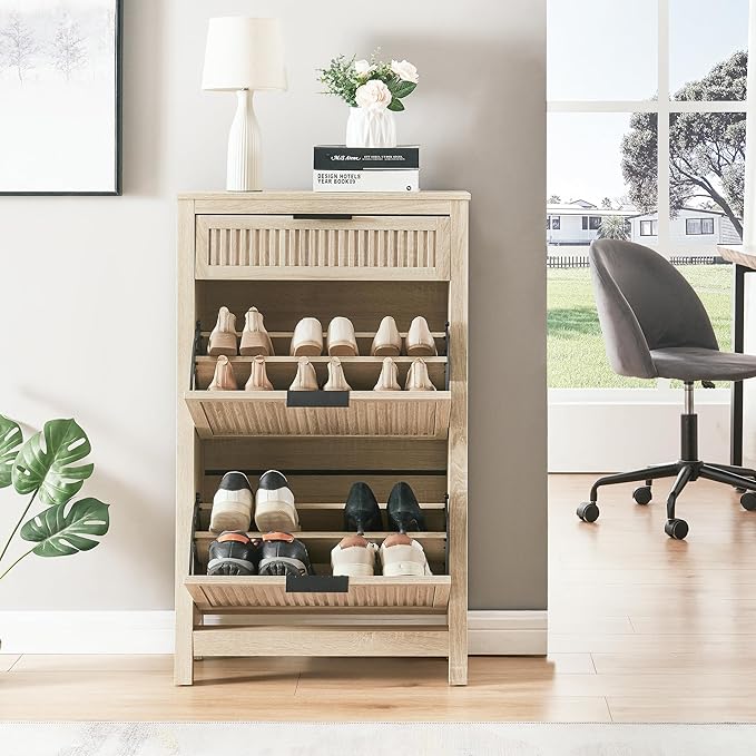 2 Flip Drawers Shoe Cabinet Storage for Entryway, Narrow Shoes Organizer Cabinet for Front Door Entrance, Hidden Wooden Hallway Shoe Rack(Oak)