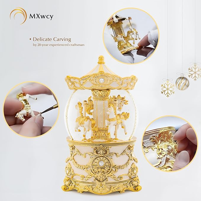 Carousel Music Box Gold & Ivory Christmas Snow Globes, 8.3" Rotate Carousel Snow Globe for Kids & Adults, Classic Wind up Musical Snow Globe Birthday Gifts for Women Girls, Carousel Horse Home Decor