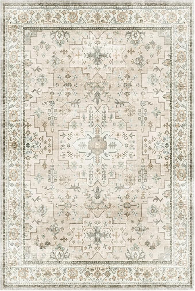Lessymo Bathroom Rugs 2x3, Small Washable Area Rug for Kitchen Entryway Bedroom, Low Pile Door Mat Indoor Entrance, Non Slip Rubber Backing Vintage Geometric Floral Pastel Decor, Beige Brown