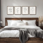 Vintage Floral Wall Art with Walnut Framed, 4 Piece Farmhouse Black and White Botanical Canvas Prints Painting, Rustic Minimalist Flower Pictures for Bedroom Kitchen Bathroom Living Room Home Decor