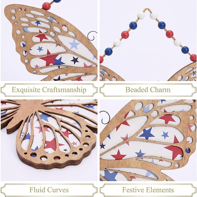 Valery Madelyn 4th of July Wreath, Patriotic Wreath for Front Door, Red White and Blue Butterfly Decor, Wooden Americana Sign for 4th of July Independence Day USA 250th Anniversary, 16 Inch