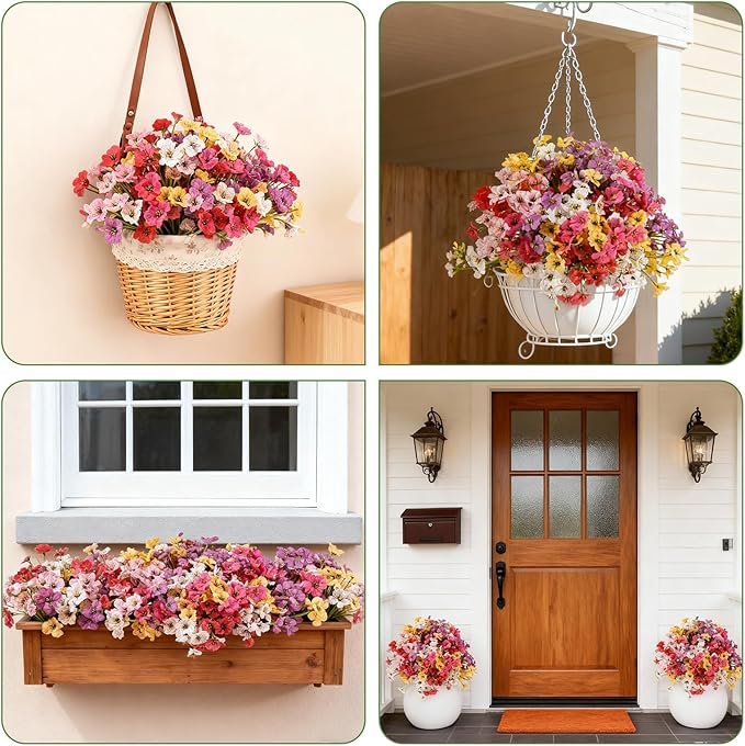 24 Bundles Artificial Flowers for Outdoor Faux Plants for Spring Summer Decoration, UV Resistant Realistic Silk Plastic Fake Flowers Garden Porch Patio Balcony Yard Front Home Decor